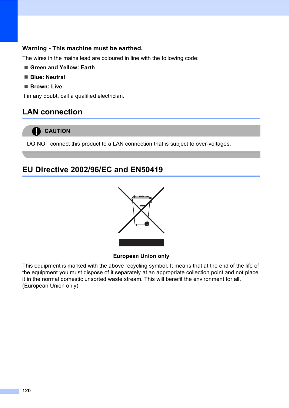 Lan connection, Eu directive 2002/96/ec and en50419, Lan connection eu directive 2002/96/ec and en50419 | Warning - this machine must be earthed, Caution | Brother MFC-440CN User Manual | Page 132 / 201