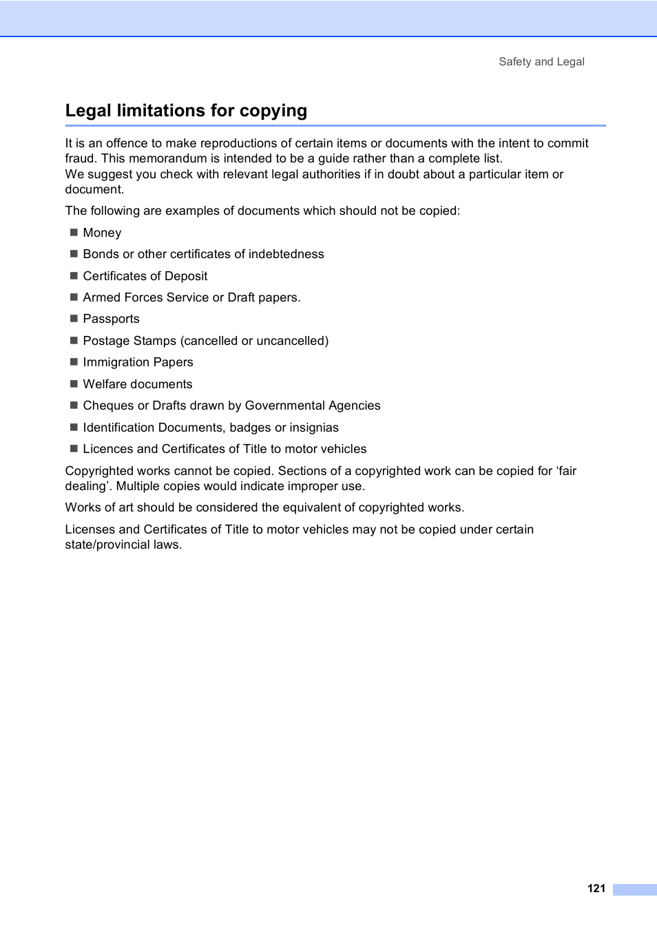 Legal limitations for copying | Brother MFC-440CN User Manual | Page 133 / 201