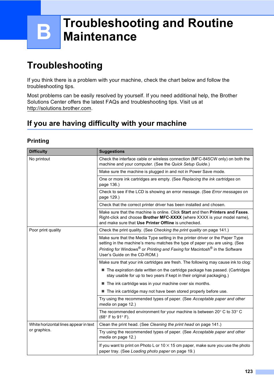 B troubleshooting and routine maintenance, Troubleshooting, If you are having difficulty with your machine | Troubleshooting and routine maintenance 123, Troubleshooting and routine maintenance | Brother MFC-440CN User Manual | Page 135 / 201