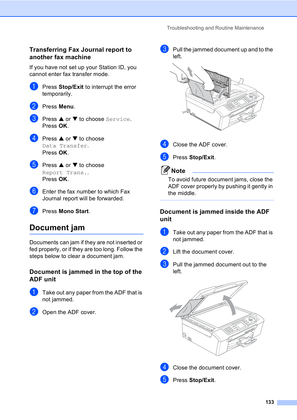 Document jam, Document is jammed in the top of the adf unit, Document is jammed inside the adf unit | Brother MFC-440CN User Manual | Page 145 / 201