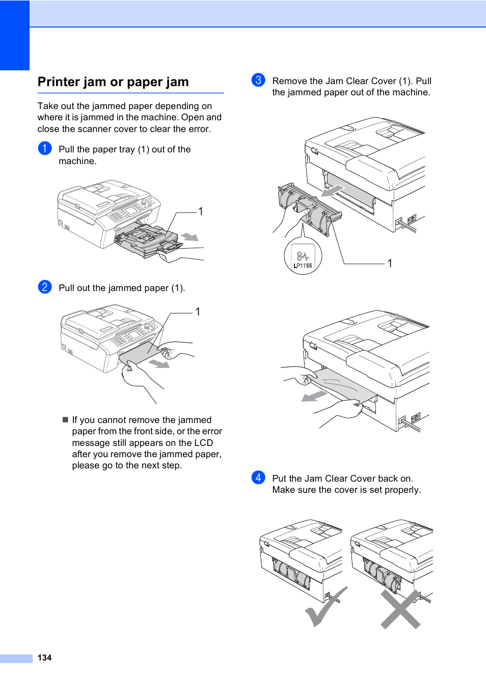 Printer jam or paper jam | Brother MFC-440CN User Manual | Page 146 / 201