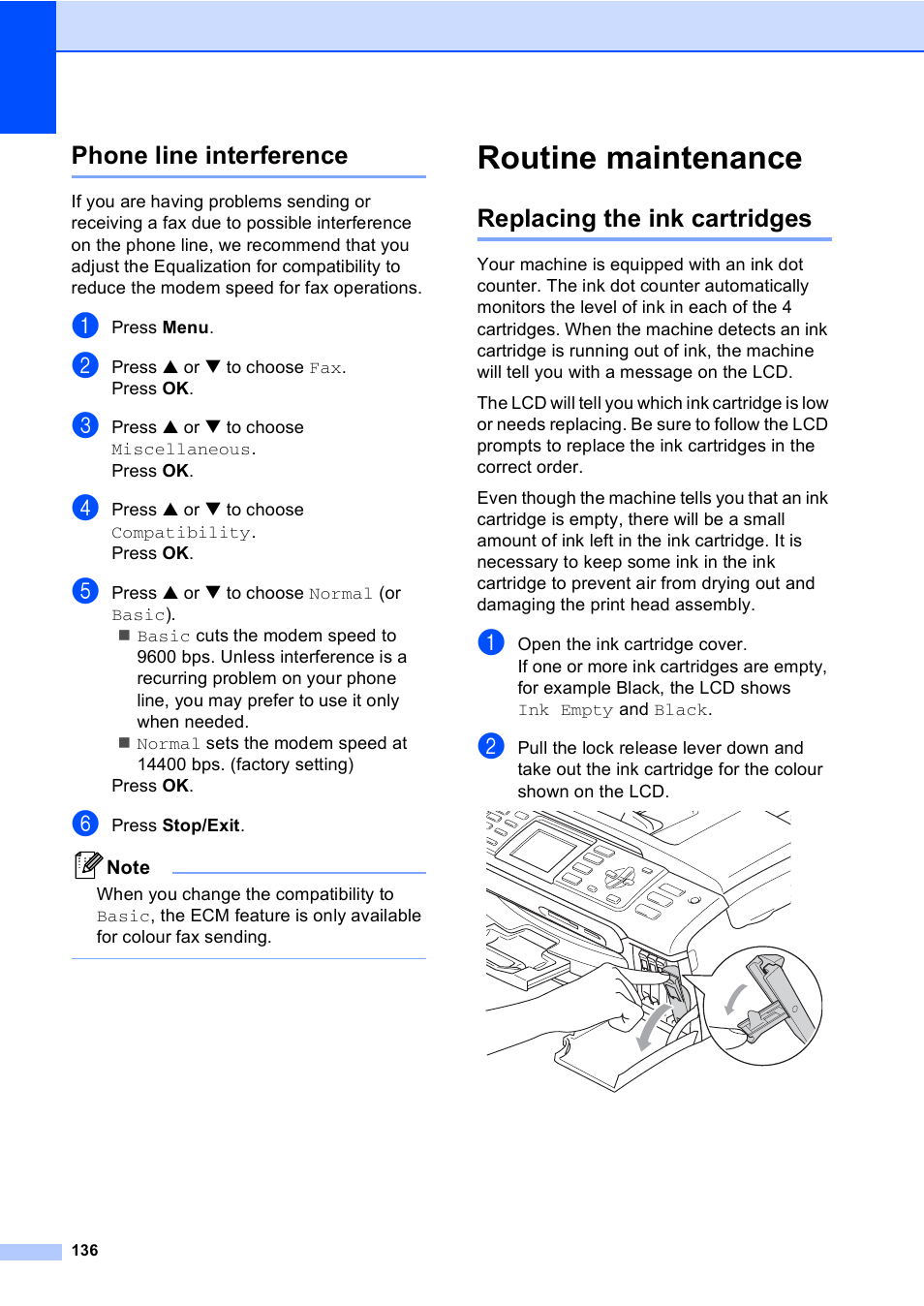 Phone line interference, Routine maintenance, Replacing the ink cartridges | Replacing | Brother MFC-440CN User Manual | Page 148 / 201