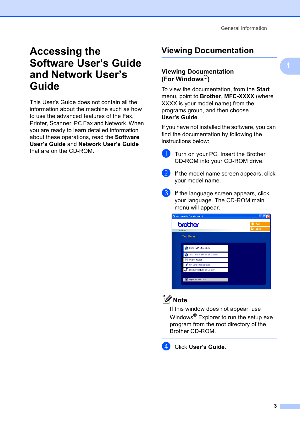 Viewing documentation, Viewing documentation (for windows®) | Brother MFC-440CN User Manual | Page 15 / 201