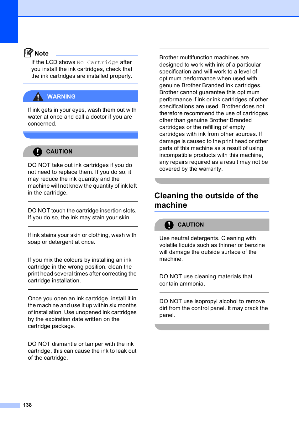 Cleaning the outside of the machine, Warning, Caution | Do not use cleaning materials that contain ammonia | Brother MFC-440CN User Manual | Page 150 / 201