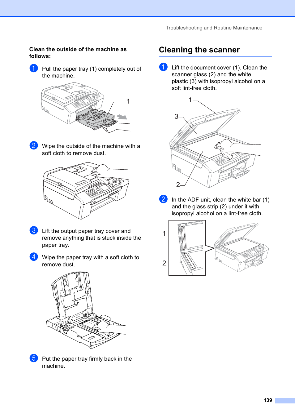 Clean the outside of the machine as follows, Cleaning the scanner | Brother MFC-440CN User Manual | Page 151 / 201