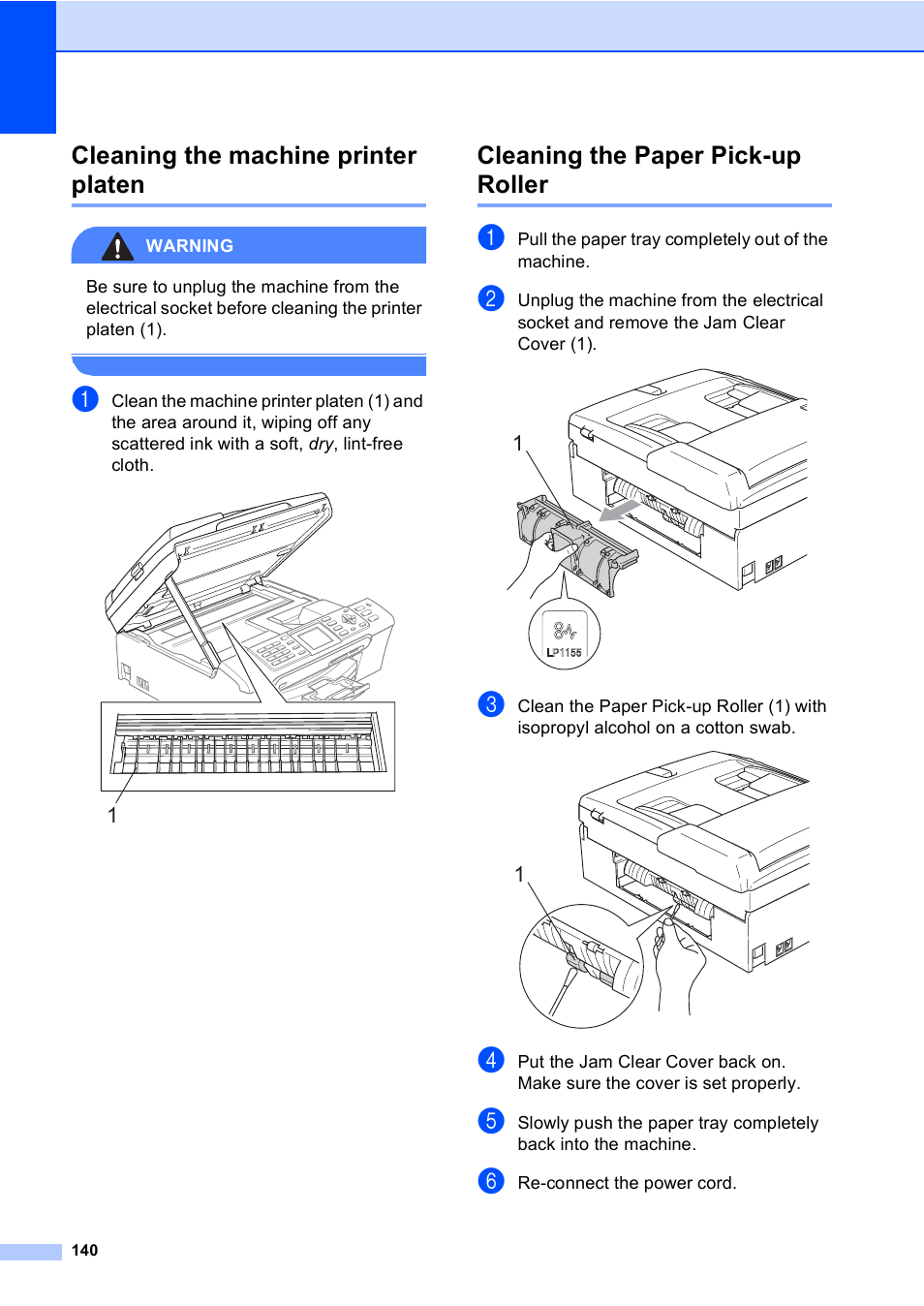 Cleaning the machine printer platen, Cleaning the paper pick-up roller | Brother MFC-440CN User Manual | Page 152 / 201