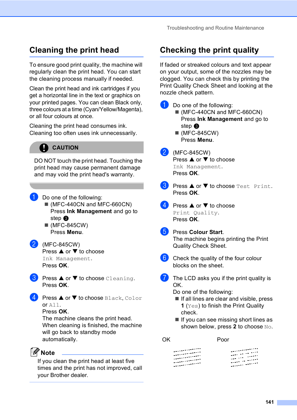 Cleaning the print head, Checking the print quality, Cleaning the print head checking the print quality | Brother MFC-440CN User Manual | Page 153 / 201