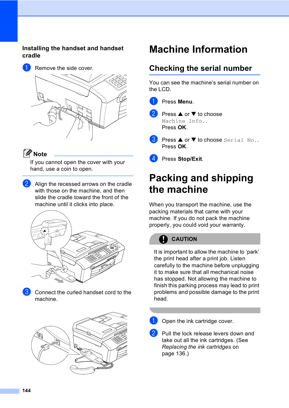 Installing the handset and handset cradle, Machine information, Checking the serial number | Packing and shipping the machine | Brother MFC-440CN User Manual | Page 156 / 201