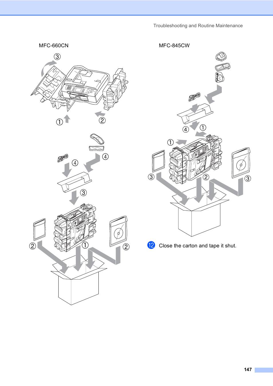 Mfc-660cn, Mfc-845cw, Close the carton and tape it shut | Brother MFC-440CN User Manual | Page 159 / 201