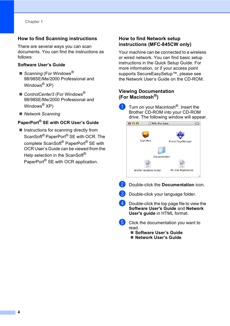 How to find scanning instructions, Viewing documentation (for macintosh®) | Brother MFC-440CN User Manual | Page 16 / 201