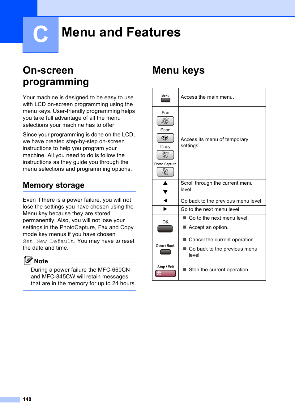 C menu and features, On-screen programming, Memory storage | Menu keys, Menu and features 148, Menu and features | Brother MFC-440CN User Manual | Page 160 / 201