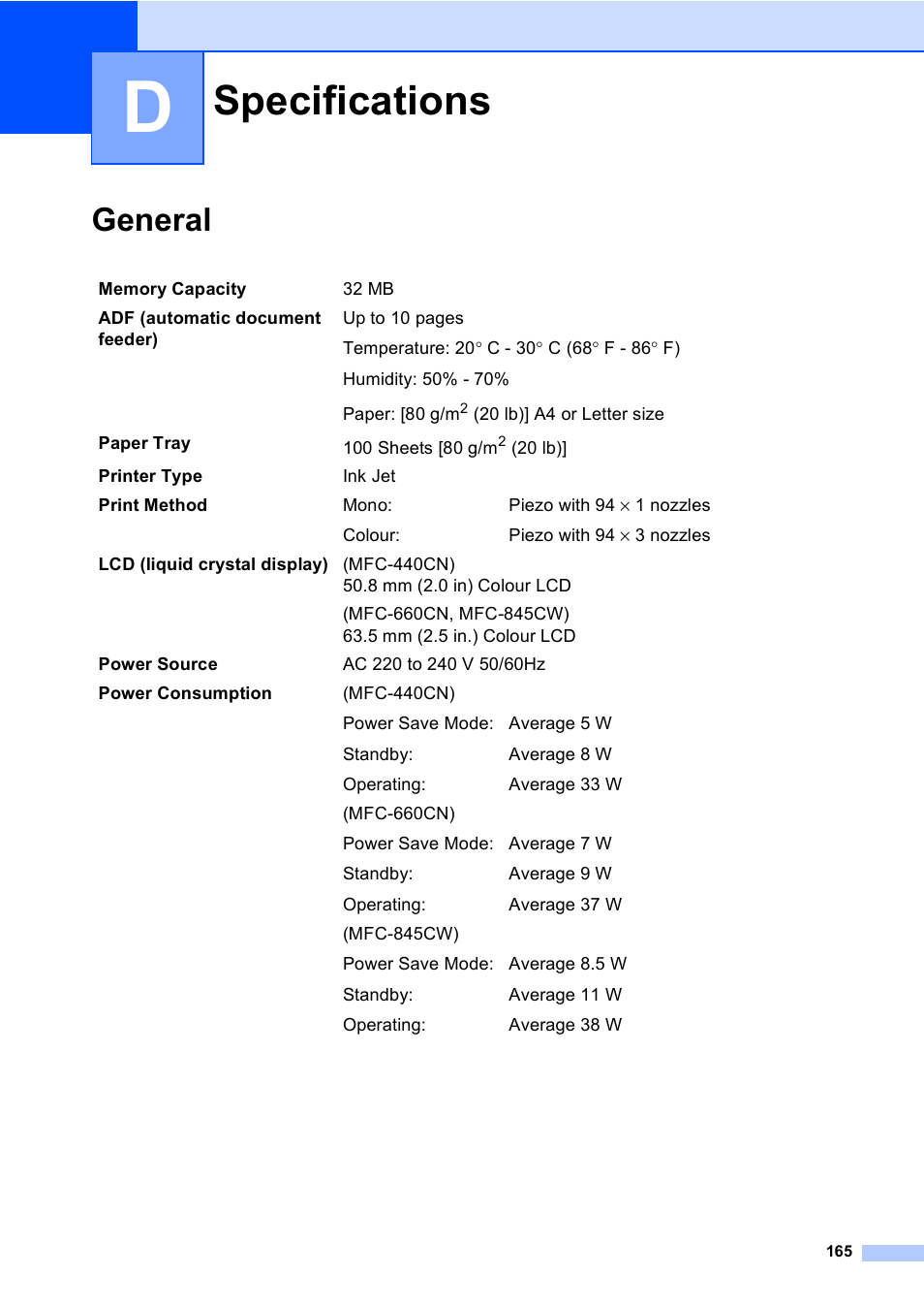 D specifications, General, Specifications 165 | Specifications | Brother MFC-440CN User Manual | Page 177 / 201