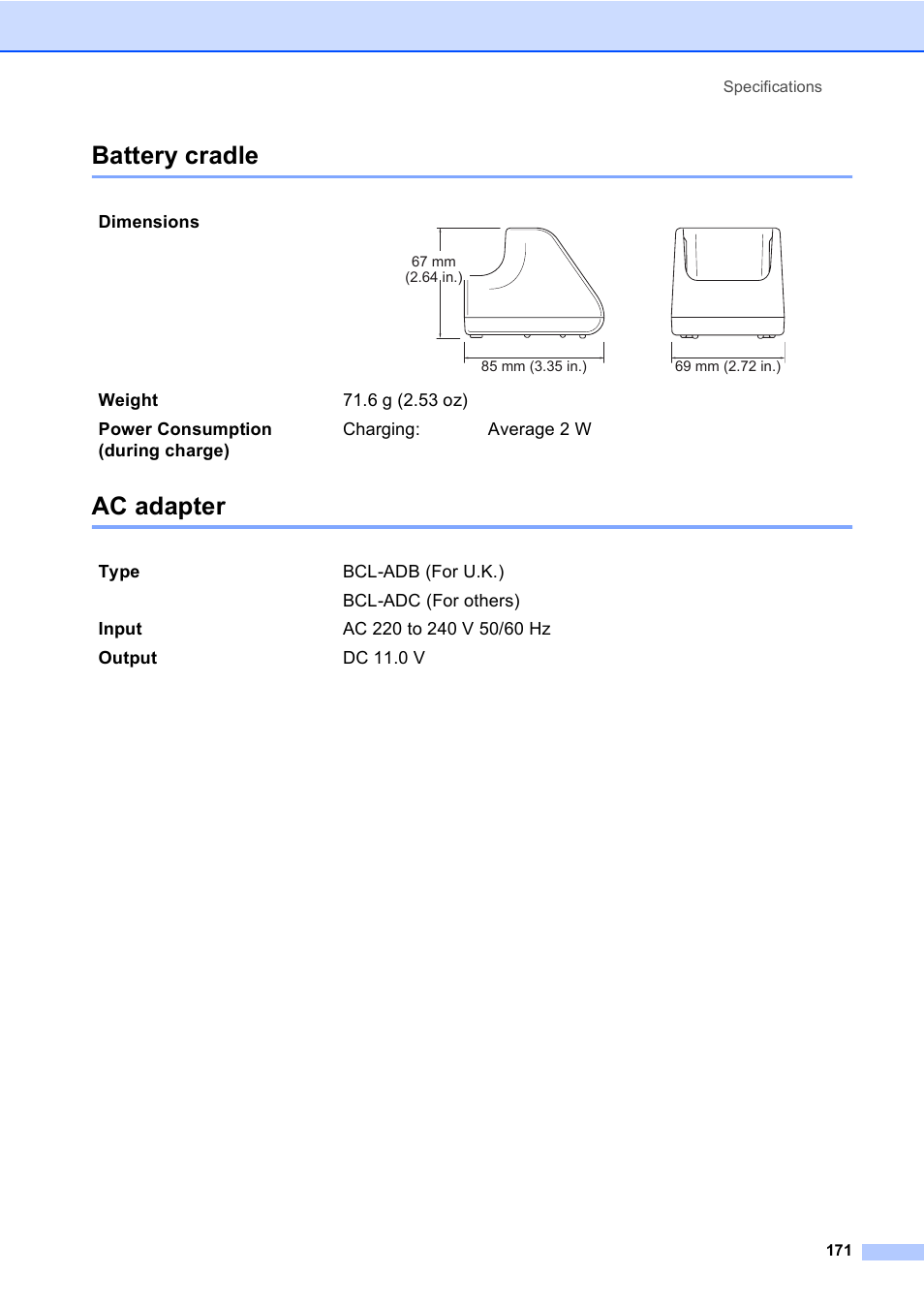 Battery cradle, Ac adapter, Battery cradle ac adapter | Brother MFC-440CN User Manual | Page 183 / 201