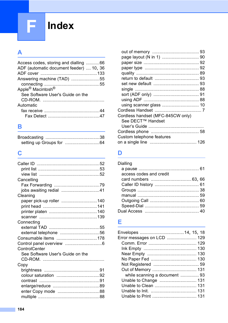 Index, Index 184 | Brother MFC-440CN User Manual | Page 196 / 201