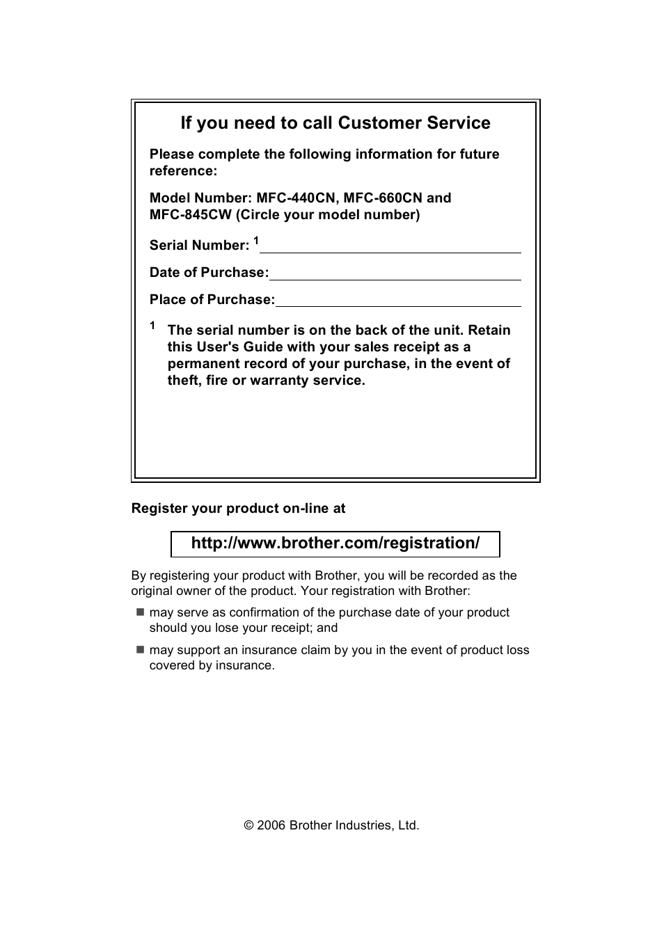 If you need to call customer service | Brother MFC-440CN User Manual | Page 2 / 201