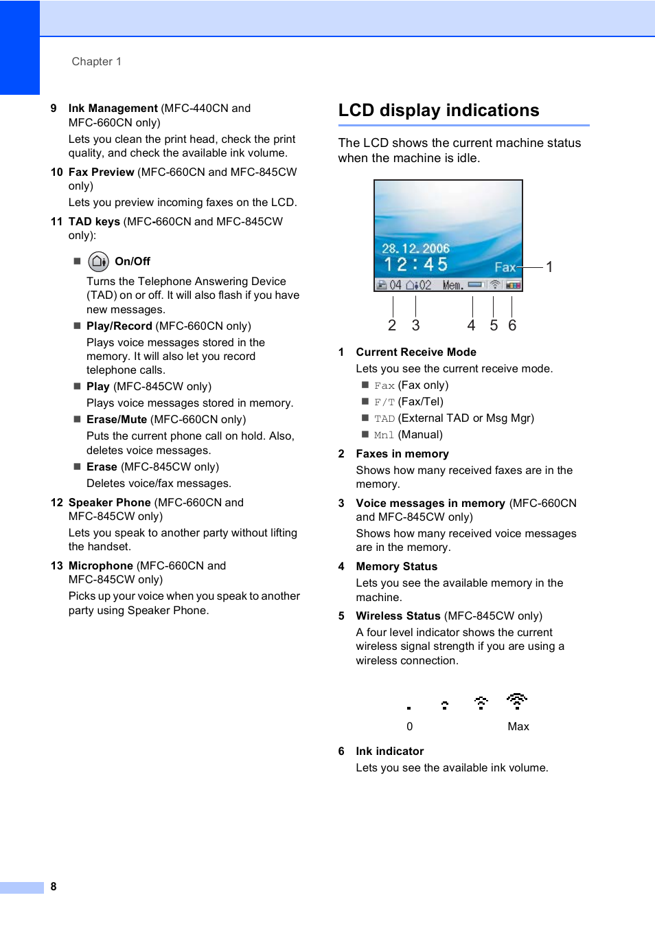 Lcd display indications | Brother MFC-440CN User Manual | Page 20 / 201