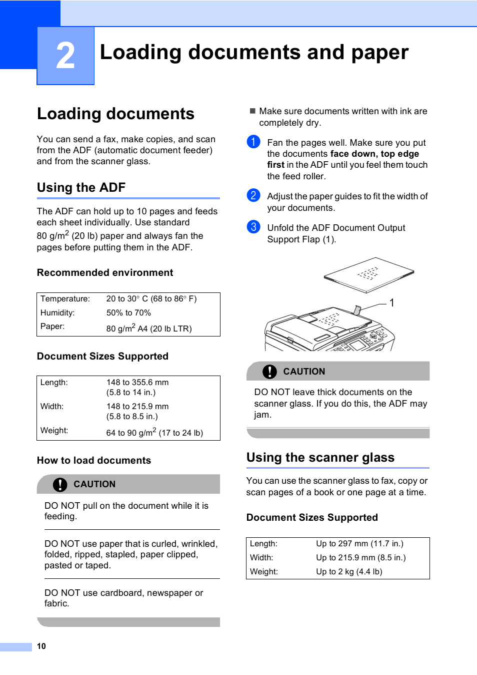 2 loading documents and paper, Loading documents, Using the adf | Recommended environment, Document sizes supported, How to load documents, Using the scanner glass, Loading documents and paper 10, Using the adf using the scanner glass, Loading documents and paper | Brother MFC-440CN User Manual | Page 22 / 201