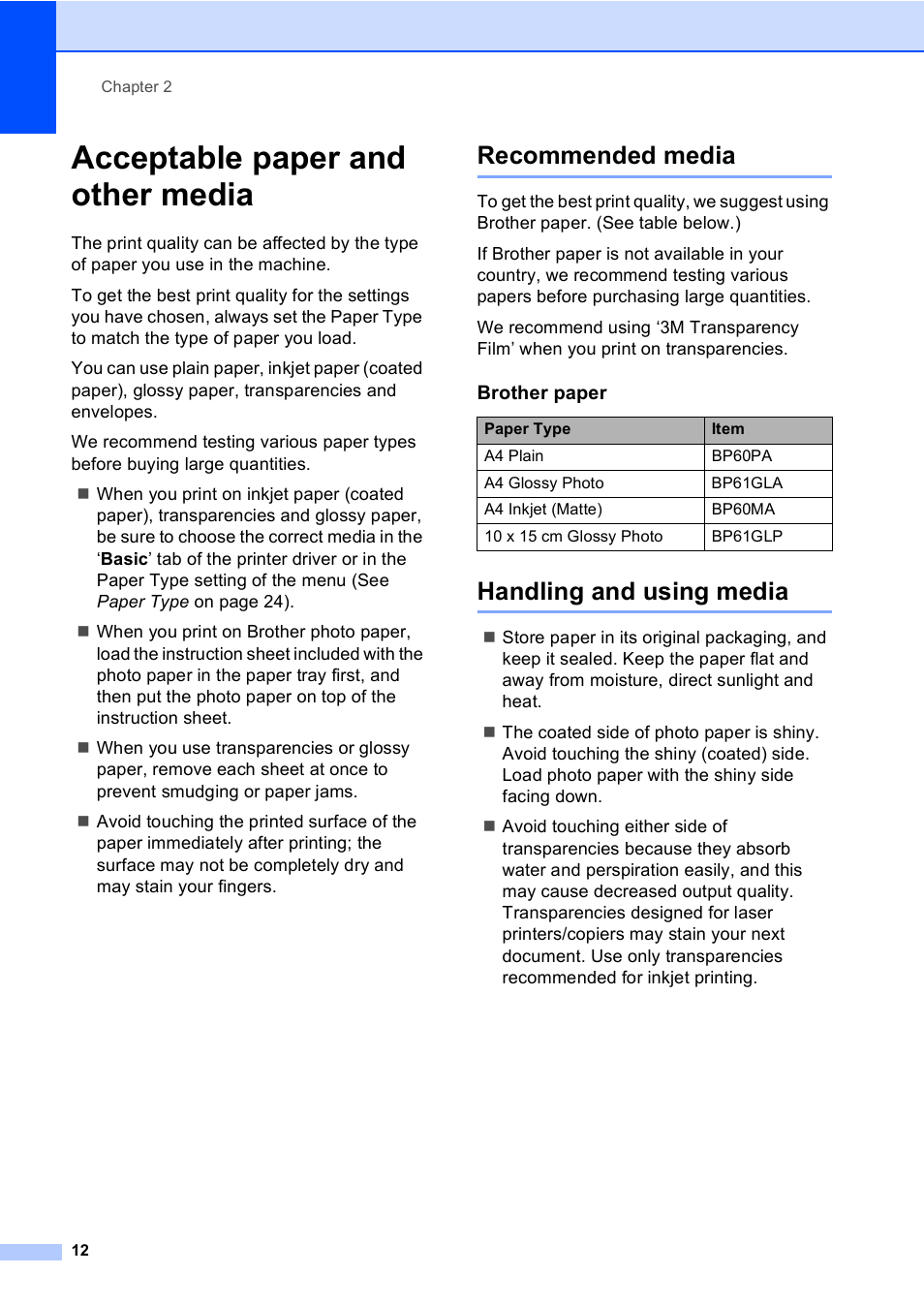 Acceptable paper and other media, Recommended media, Handling and using media | Recommended media handling and using media | Brother MFC-440CN User Manual | Page 24 / 201