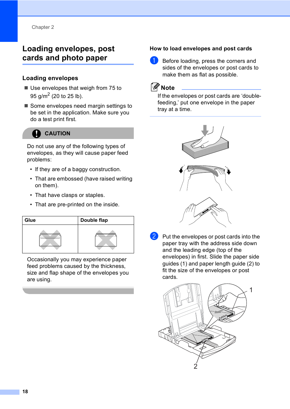 Loading envelopes, post cards and photo paper, Loading envelopes, Use envelopes that weigh from 75 to 95 g/m | How to load envelopes and post cards | Brother MFC-440CN User Manual | Page 30 / 201