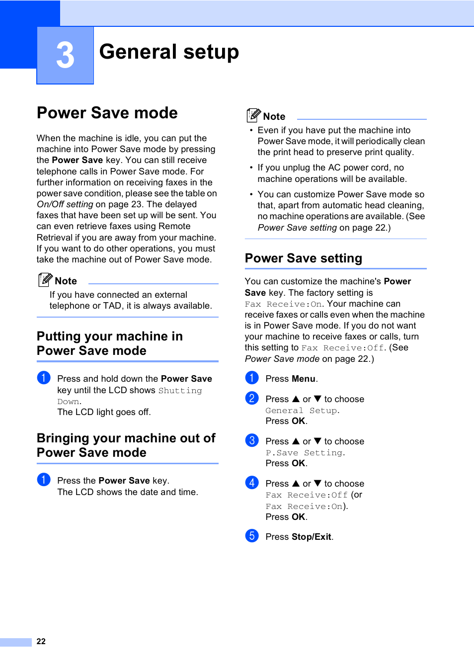3 general setup, Power save mode, Putting your machine in power save mode | Bringing your machine out of power save mode, Power save setting, General setup 22, General setup | Brother MFC-440CN User Manual | Page 34 / 201