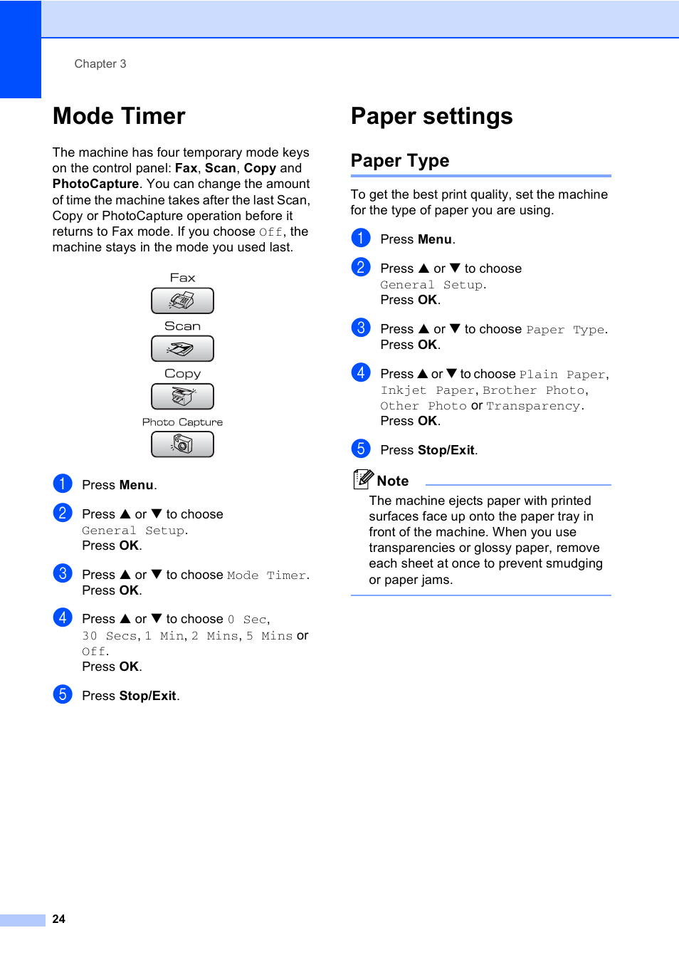 Mode timer, Paper settings, Paper type | Mode timer paper settings | Brother MFC-440CN User Manual | Page 36 / 201