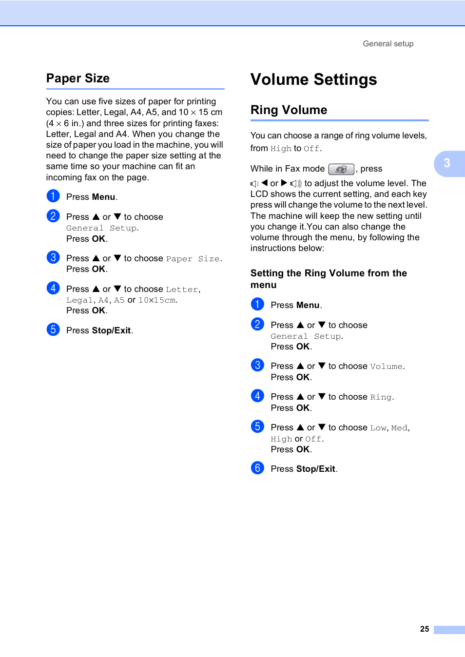 Paper size, Volume settings, Ring volume | Setting the ring volume from the menu, 3paper size | Brother MFC-440CN User Manual | Page 37 / 201