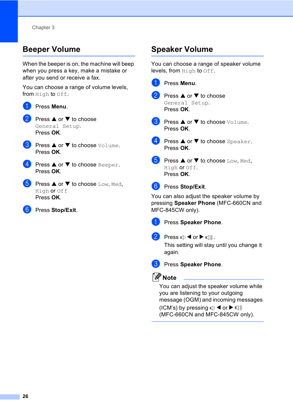 Beeper volume, Speaker volume, Beeper volume speaker volume | Brother MFC-440CN User Manual | Page 38 / 201