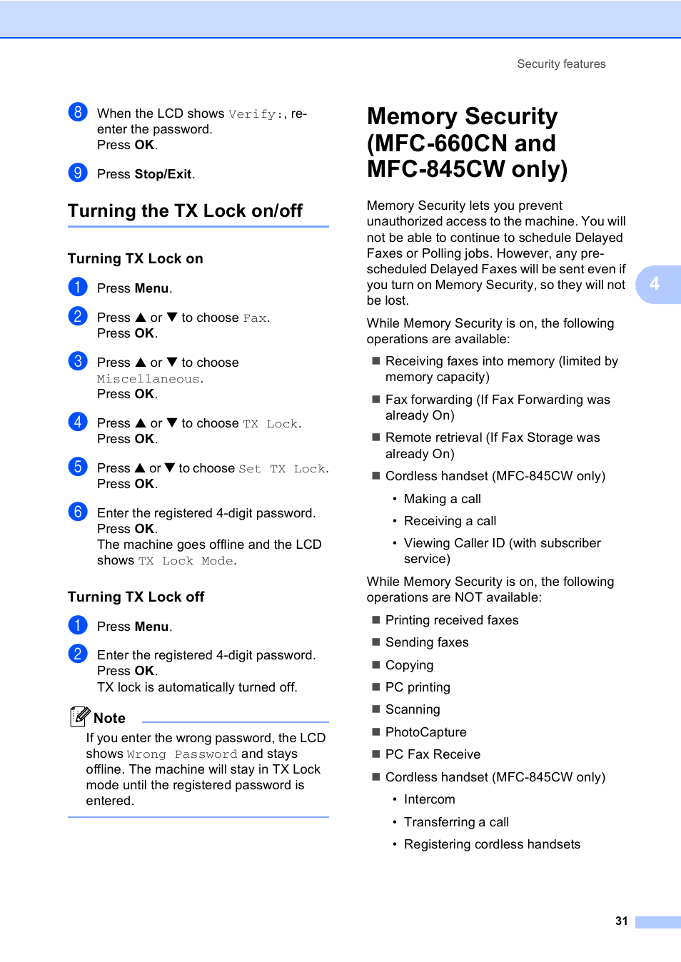 Turning the tx lock on/off, Turning tx lock on, Turning tx lock off | Memory security (mfc-660cn and mfc-845cw only) | Brother MFC-440CN User Manual | Page 43 / 201