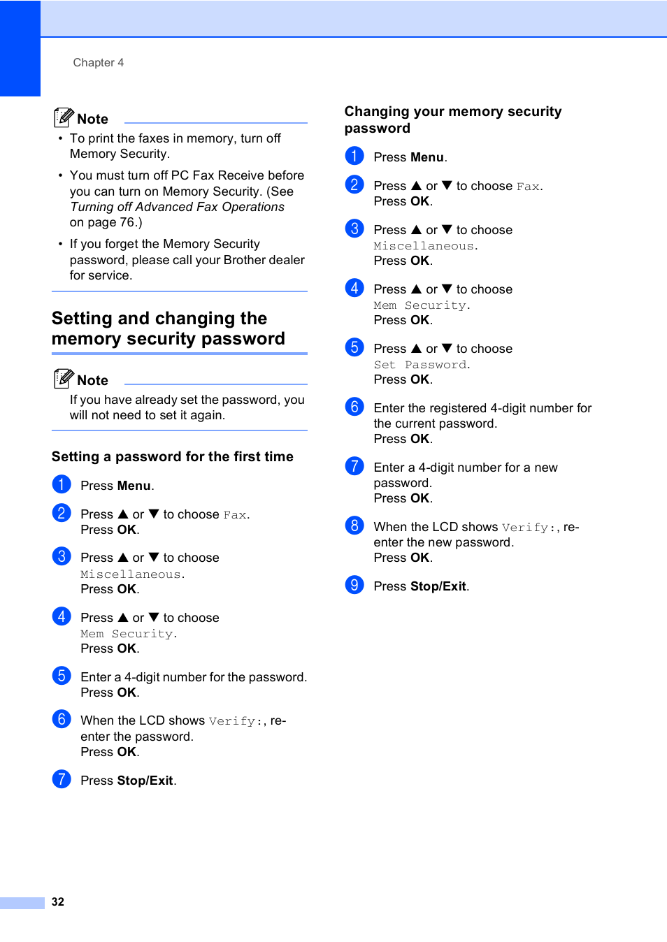 Setting and changing the memory security password, Setting a password for the first time, Changing your memory security password | Brother MFC-440CN User Manual | Page 44 / 201