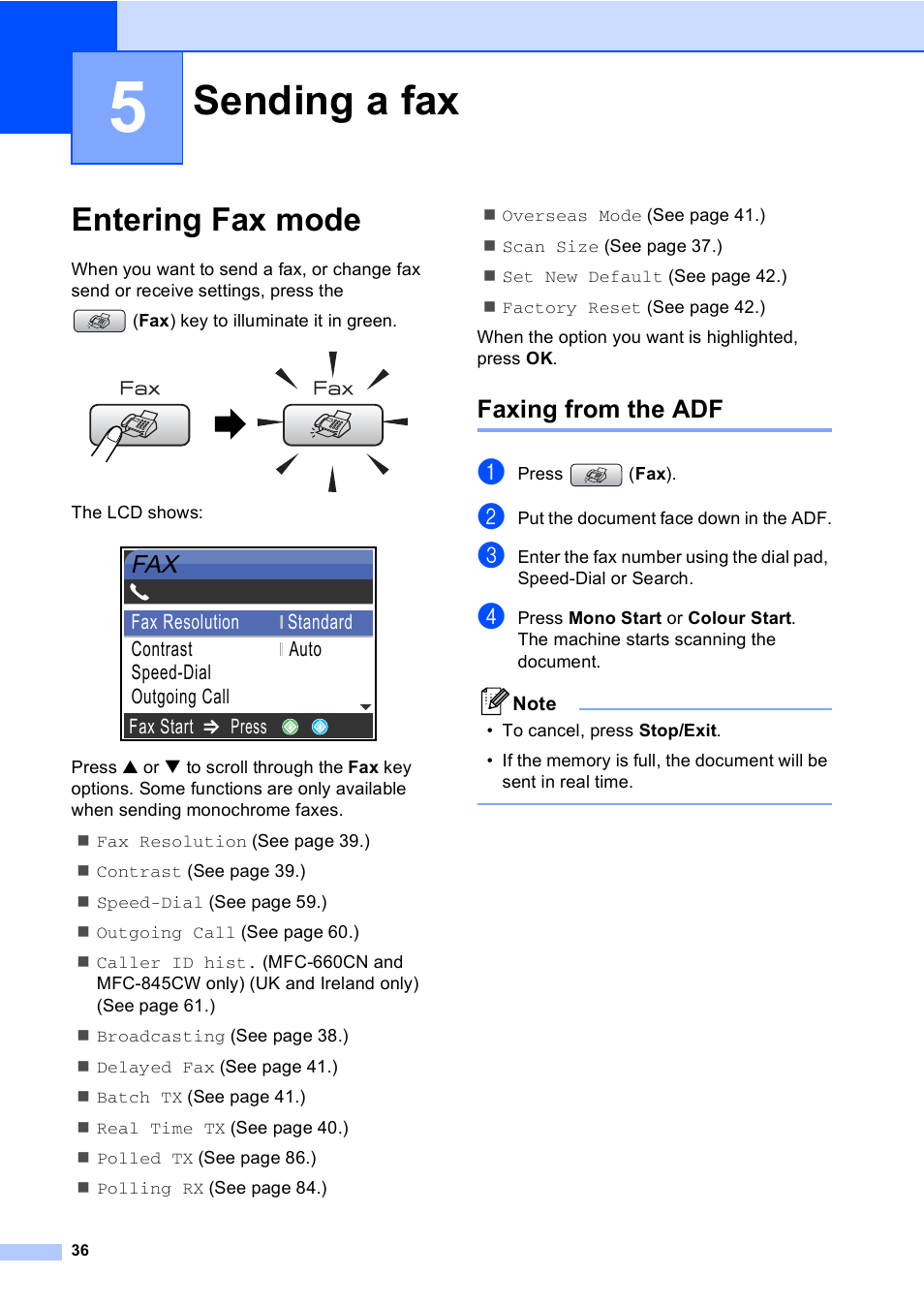 5 sending a fax, Entering fax mode, Faxing from the adf | Sending a fax 36, Sending a fax | Brother MFC-440CN User Manual | Page 48 / 201