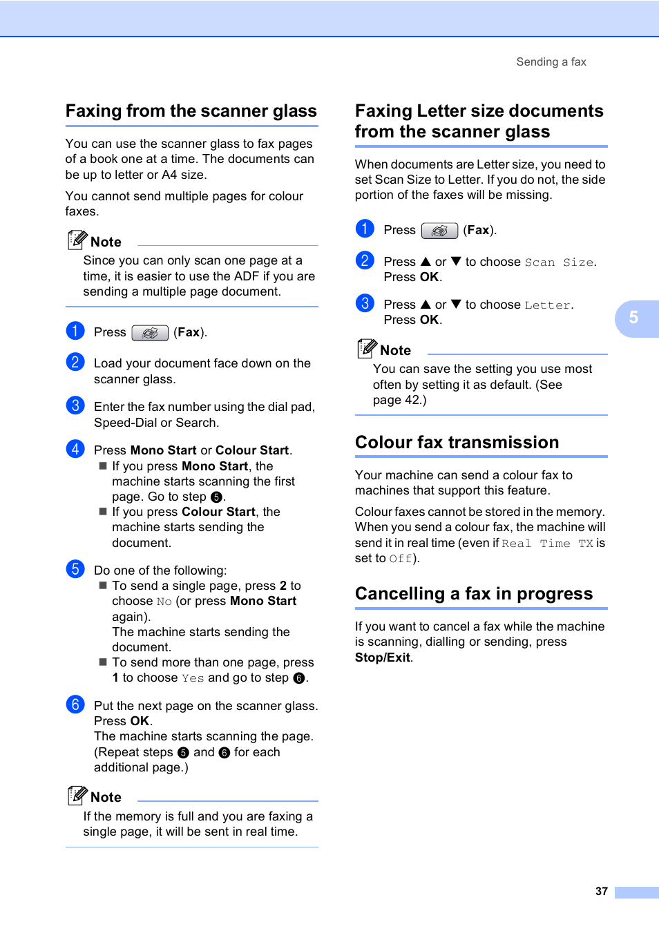Faxing from the scanner glass, Colour fax transmission, Cancelling a fax in progress | 5faxing from the scanner glass | Brother MFC-440CN User Manual | Page 49 / 201