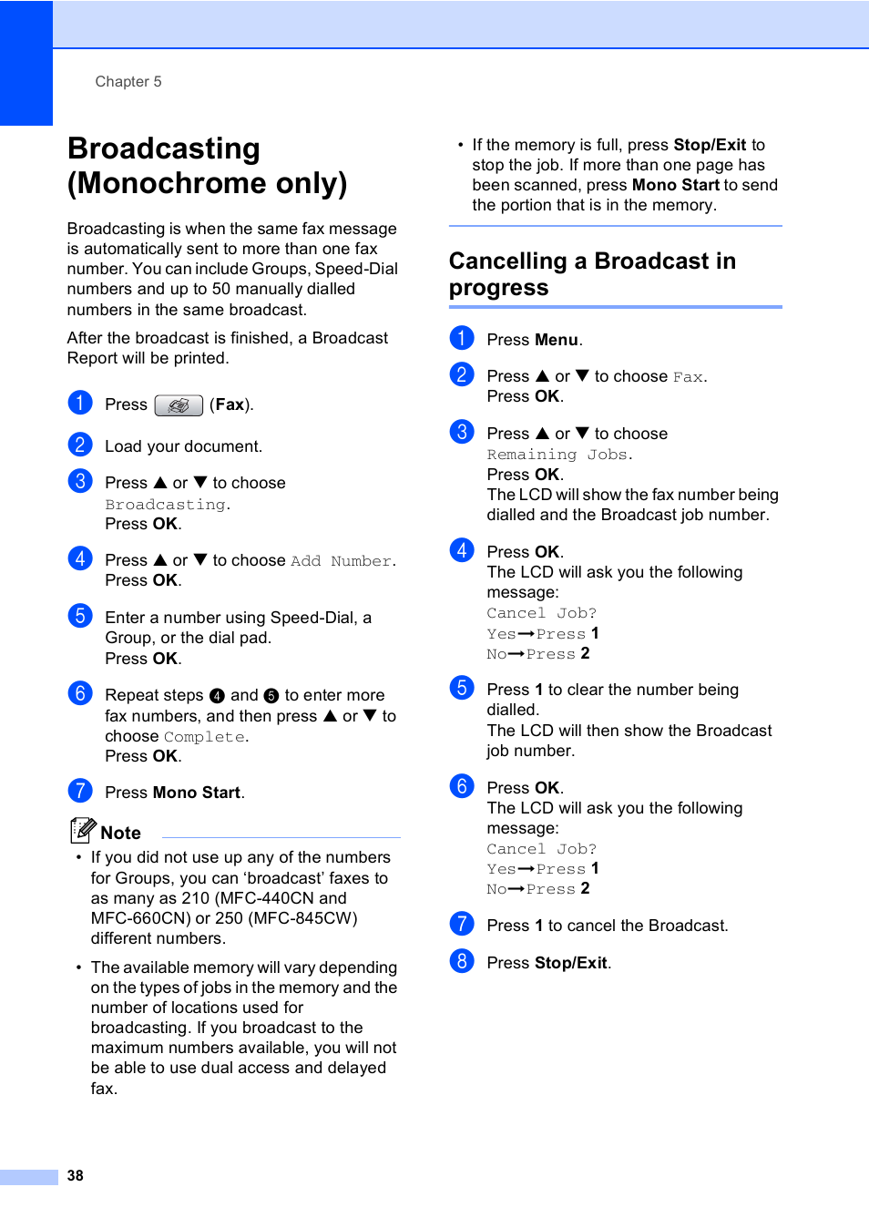 Broadcasting (monochrome only), Cancelling a broadcast in progress | Brother MFC-440CN User Manual | Page 50 / 201