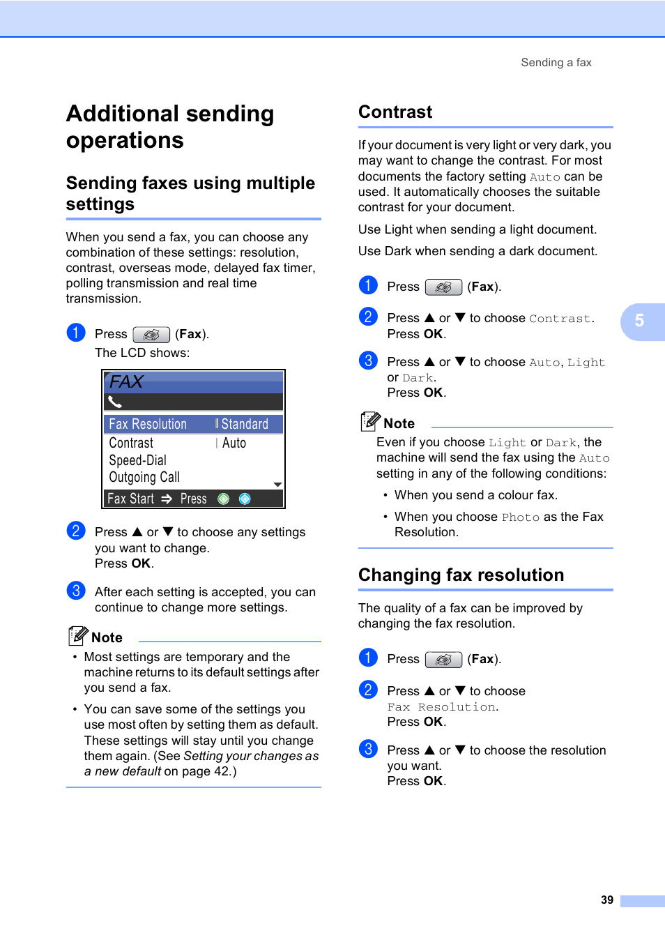Additional sending operations, Sending faxes using multiple settings, Contrast | Changing fax resolution | Brother MFC-440CN User Manual | Page 51 / 201