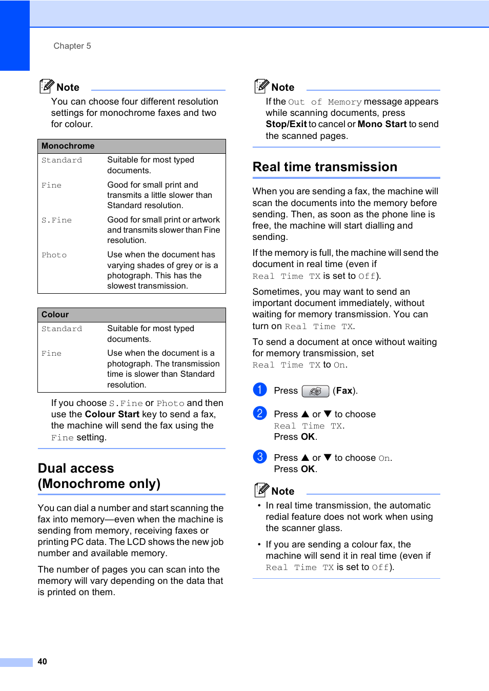 Dual access (monochrome only), Real time transmission | Brother MFC-440CN User Manual | Page 52 / 201