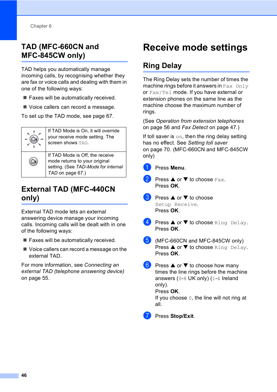 Tad (mfc-660cn and mfc-845cw only), External tad (mfc-440cn only), Receive mode settings | Ring delay | Brother MFC-440CN User Manual | Page 58 / 201