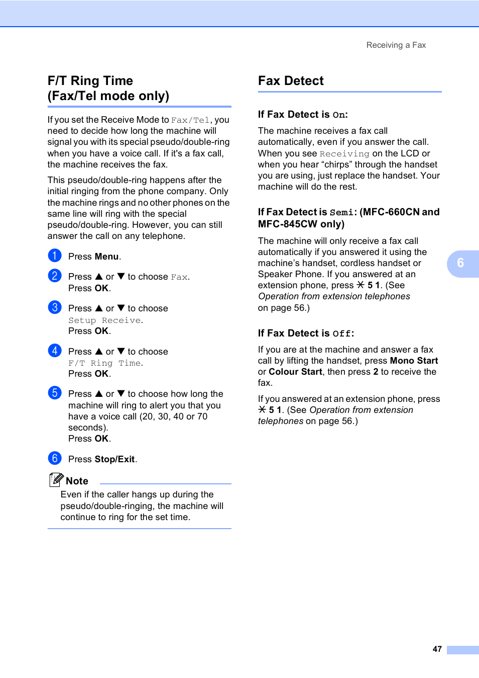 F/t ring time (fax/tel mode only), Fax detect, If fax detect is on | If fax detect is off, F/t ring time (fax/tel mode only) fax detect, 6f/t ring time (fax/tel mode only) | Brother MFC-440CN User Manual | Page 59 / 201