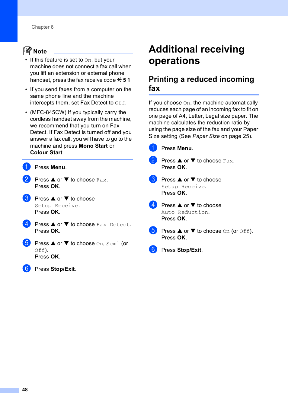 Additional receiving operations, Printing a reduced incoming fax | Brother MFC-440CN User Manual | Page 60 / 201