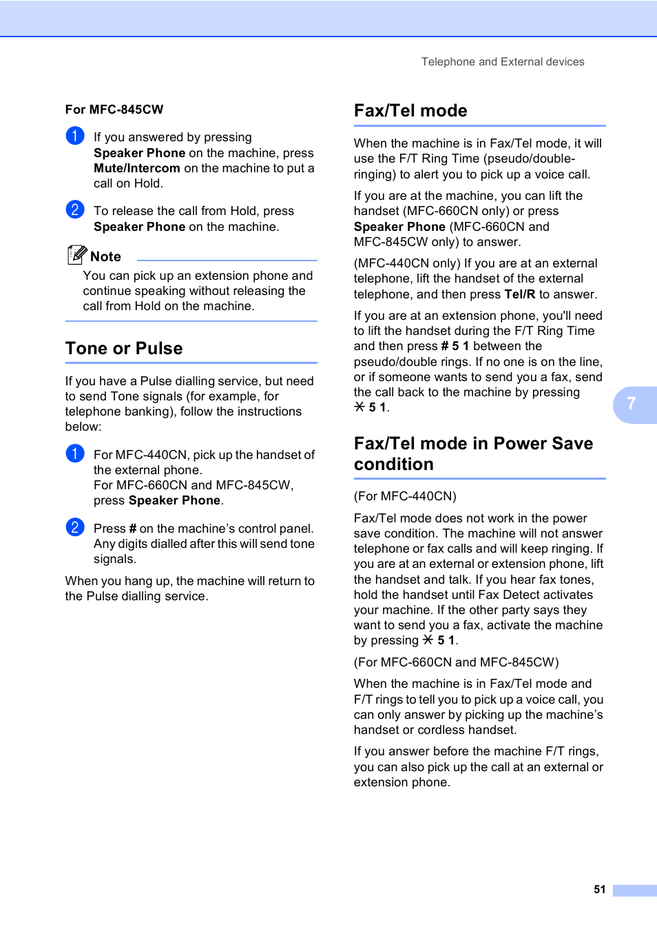 Tone or pulse, Fax/tel mode, Fax/tel mode in power save condition | Brother MFC-440CN User Manual | Page 63 / 201