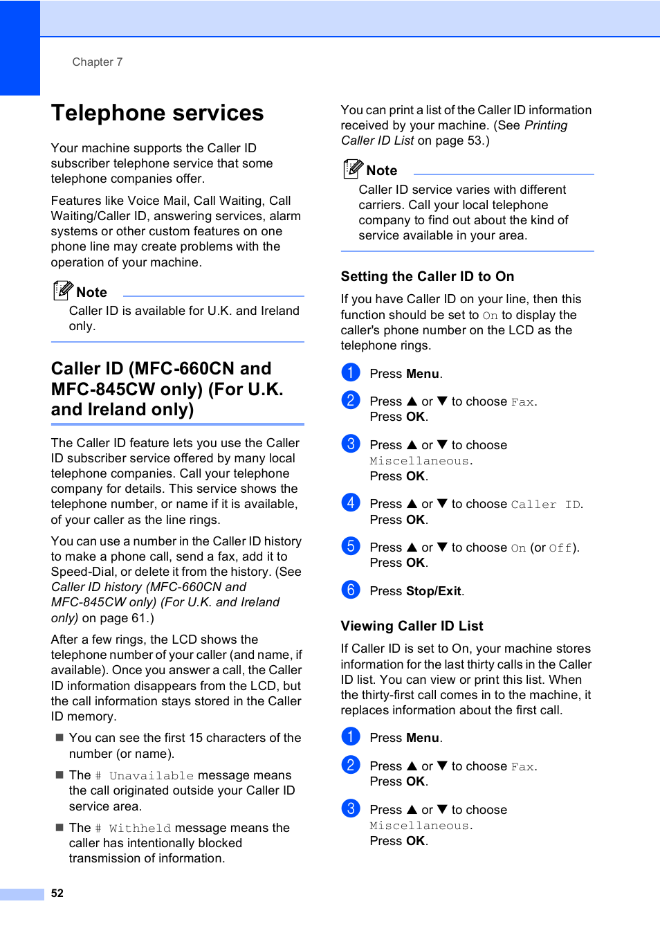 Telephone services, Setting the caller id to on, Viewing caller id list | Caller id (mfc-660cn and mfc-845cw only), For u.k. and ireland only) | Brother MFC-440CN User Manual | Page 64 / 201