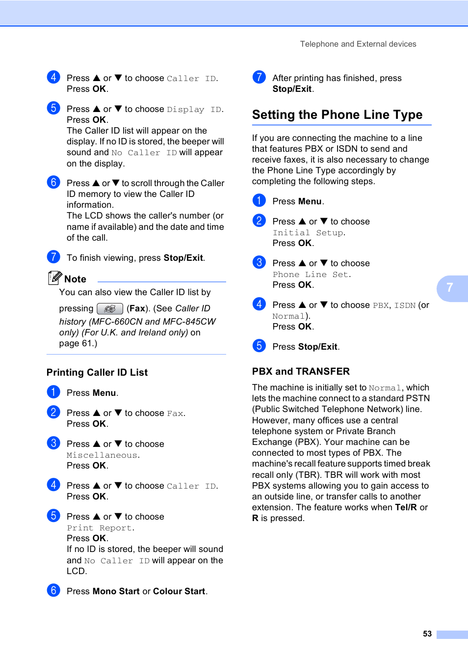 Printing caller id list, Setting the phone line type, Pbx and transfer | Brother MFC-440CN User Manual | Page 65 / 201