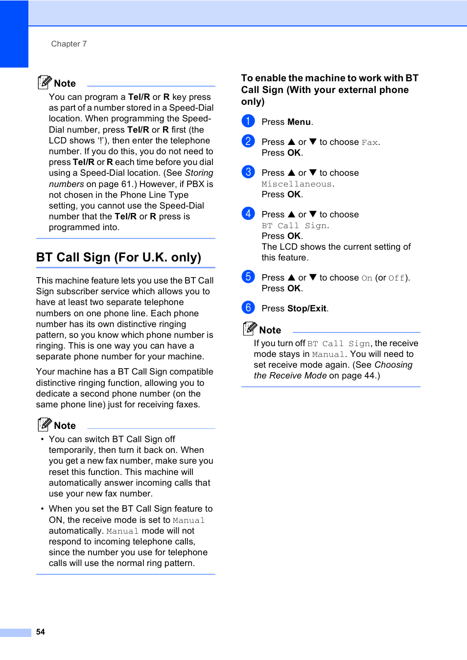Bt call sign (for u.k. only) | Brother MFC-440CN User Manual | Page 66 / 201