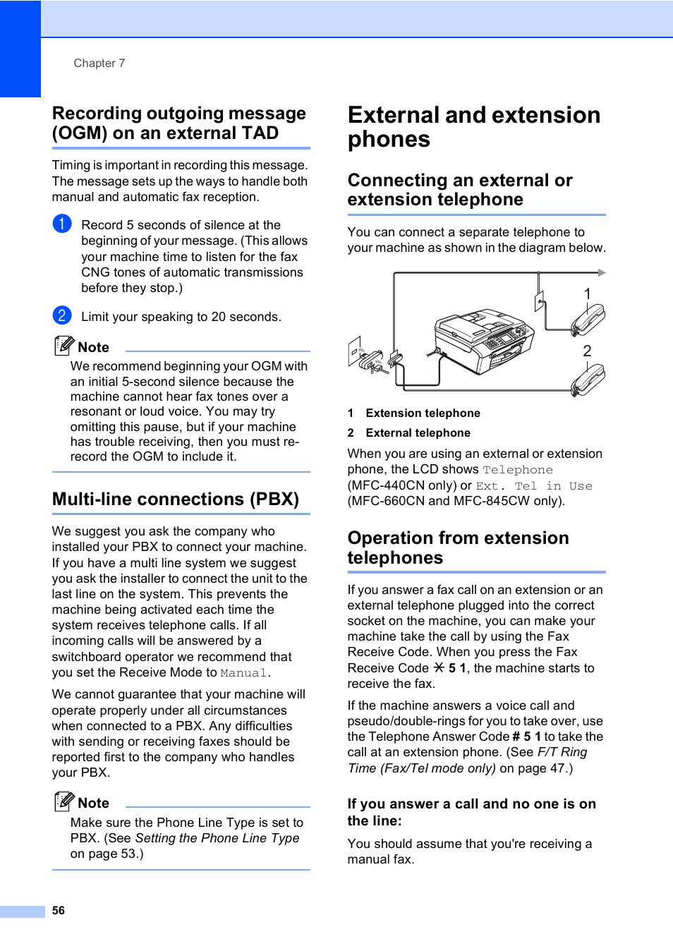 Multi-line connections (pbx), External and extension phones, Connecting an external or extension telephone | Operation from extension telephones, If you answer a call and no one is on the line | Brother MFC-440CN User Manual | Page 68 / 201