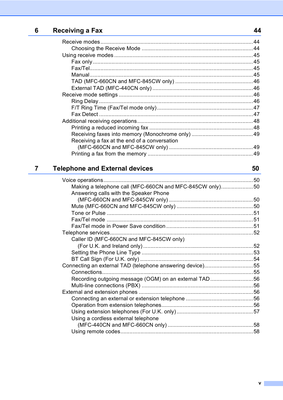 6receiving a fax 44, 7telephone and external devices 50 | Brother MFC-440CN User Manual | Page 7 / 201