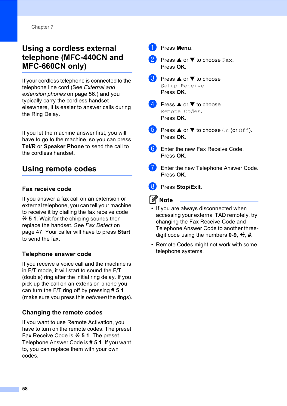 Using remote codes, Fax receive code, Telephone answer code | Changing the remote codes, Using a cordless external telephone, Mfc-440cn and mfc-660cn only) | Brother MFC-440CN User Manual | Page 70 / 201