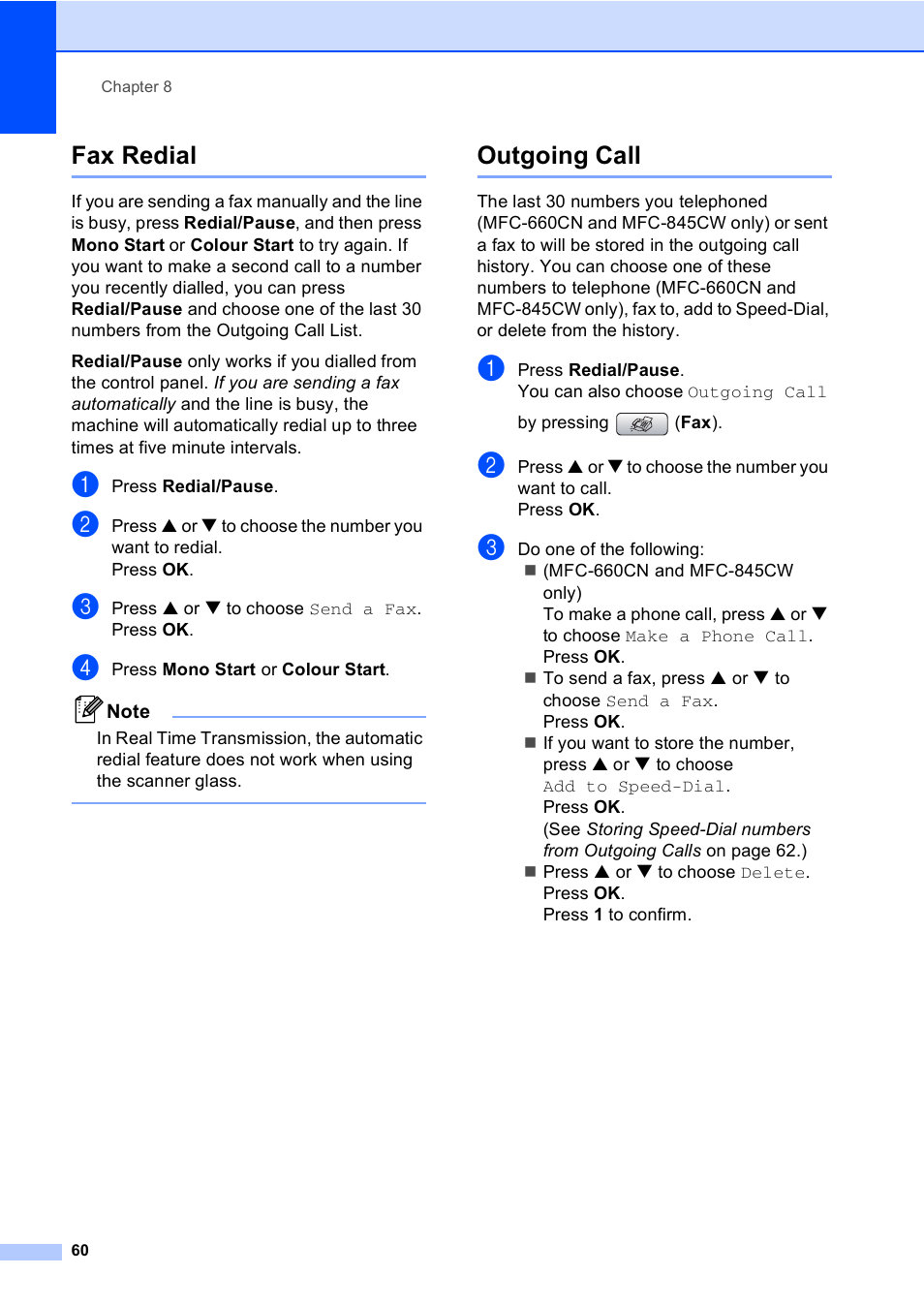 Fax redial, Outgoing call, Fax redial outgoing call | Brother MFC-440CN User Manual | Page 72 / 201