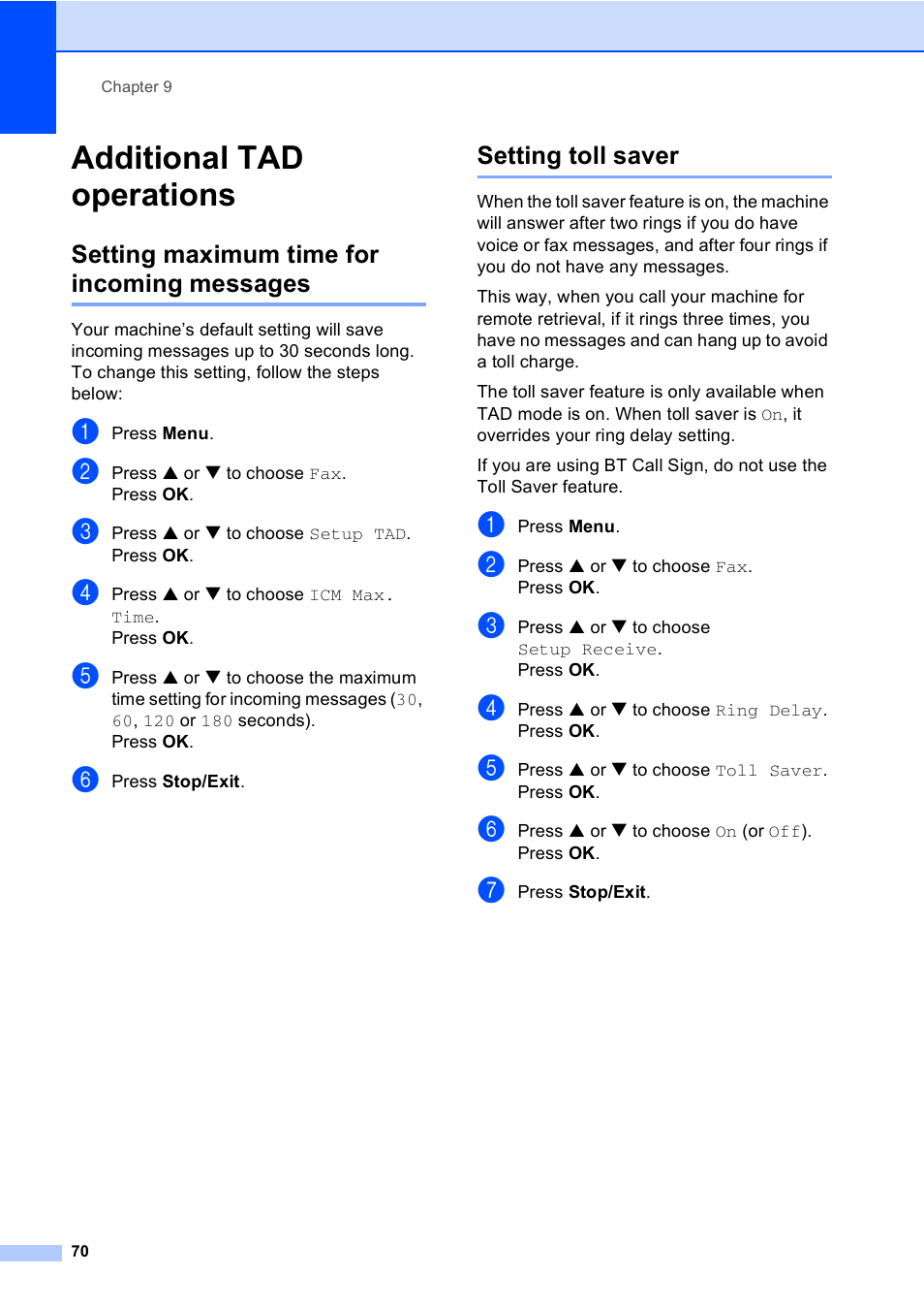 Additional tad operations, Setting maximum time for incoming messages, Setting toll saver | Brother MFC-440CN User Manual | Page 82 / 201