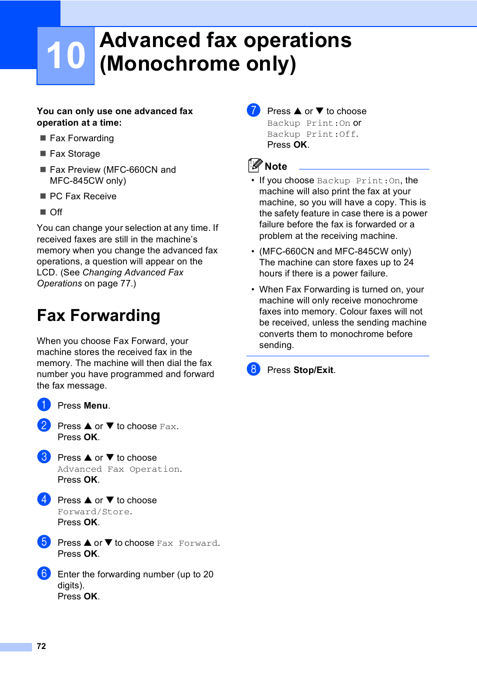 10 advanced fax operations (monochrome only), Fax forwarding, Advanced fax operations (monochrome only) 72 | Advanced fax operations (monochrome only) | Brother MFC-440CN User Manual | Page 84 / 201