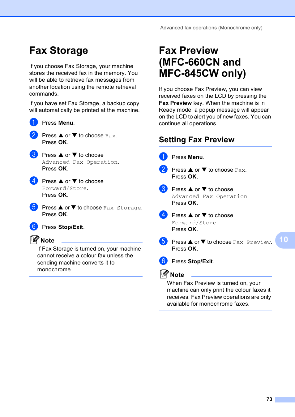 Fax storage, Fax preview (mfc-660cn and mfc-845cw only), Setting fax preview | Brother MFC-440CN User Manual | Page 85 / 201