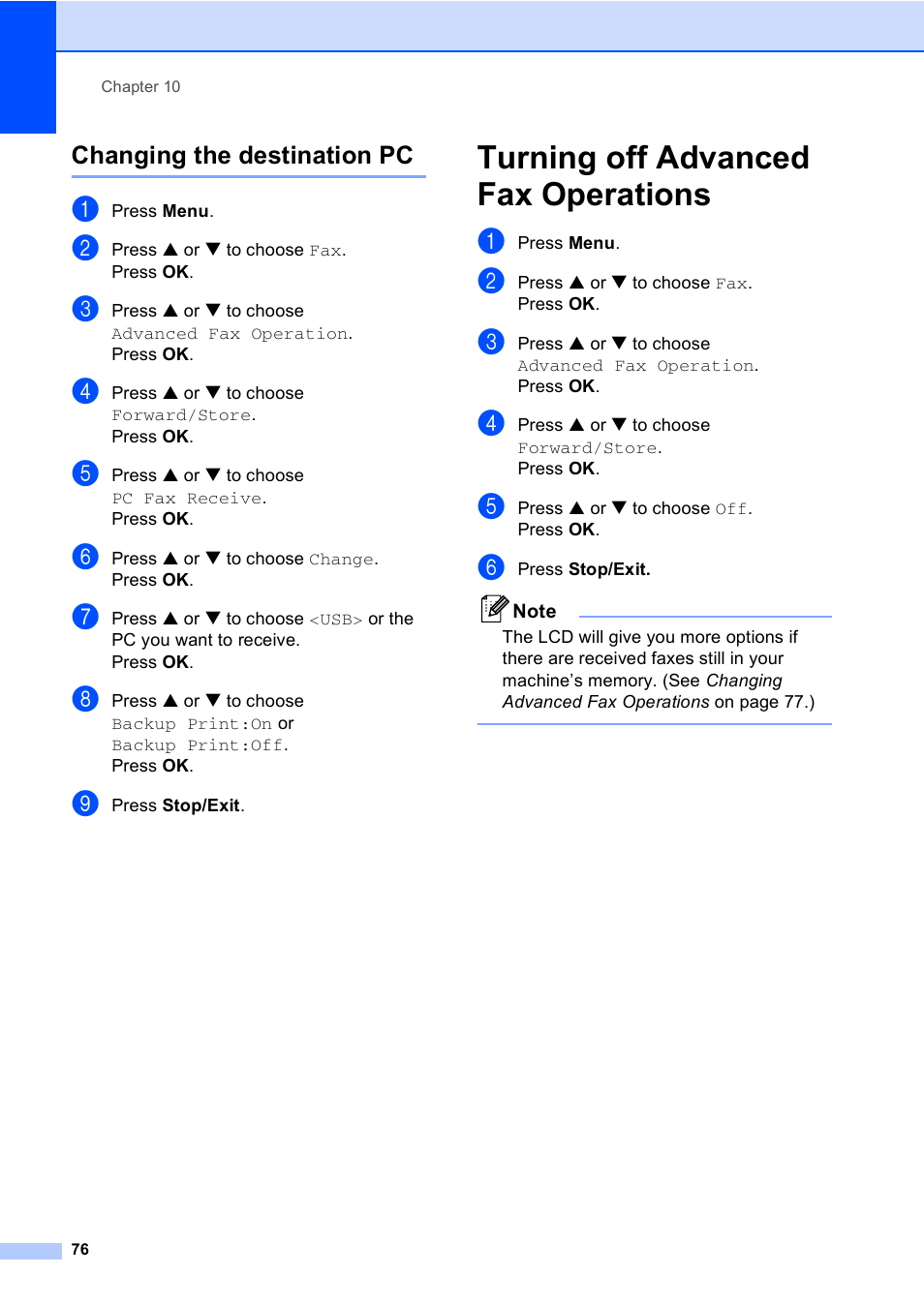 Changing the destination pc, Turning off advanced fax operations | Brother MFC-440CN User Manual | Page 88 / 201