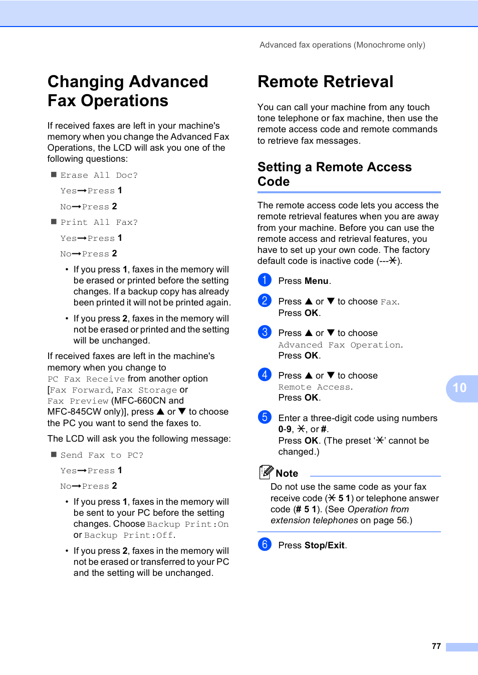 Changing advanced fax operations, Remote retrieval, Setting a remote access code | Changing advanced fax operations remote retrieval | Brother MFC-440CN User Manual | Page 89 / 201